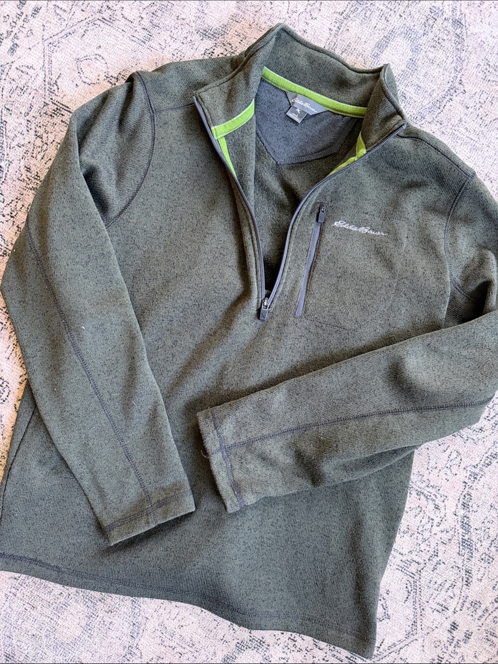 Eddie Bauer Olive Green Quarter-Zip Pullover with Lime Trim